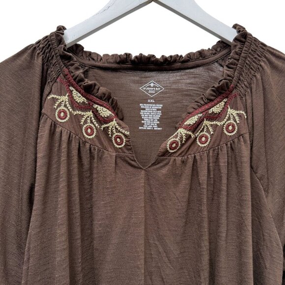 St. Johns Bay Peasant Top XXL Brown Embroidered Knit Tee Blouse Casual Boho NWT - Picture 2 of 10